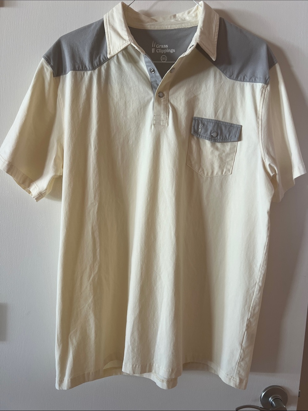 RARE Grass Clippings Light Yellow Polo with Gray Shoulder and Pocket Accents